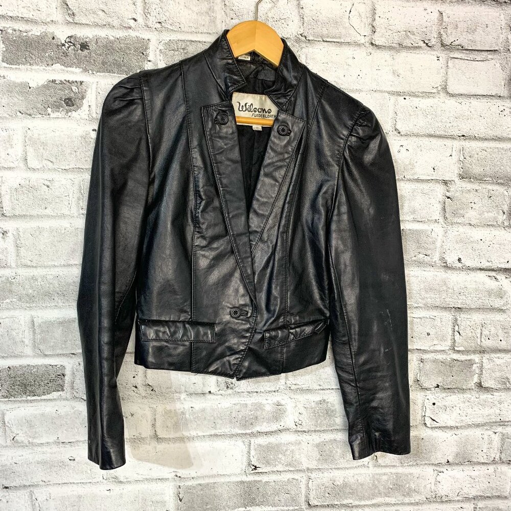 Vintage 80s 90s Wilsons Black Distressed Leather Puff Sleeve Cropped Moto Jacket